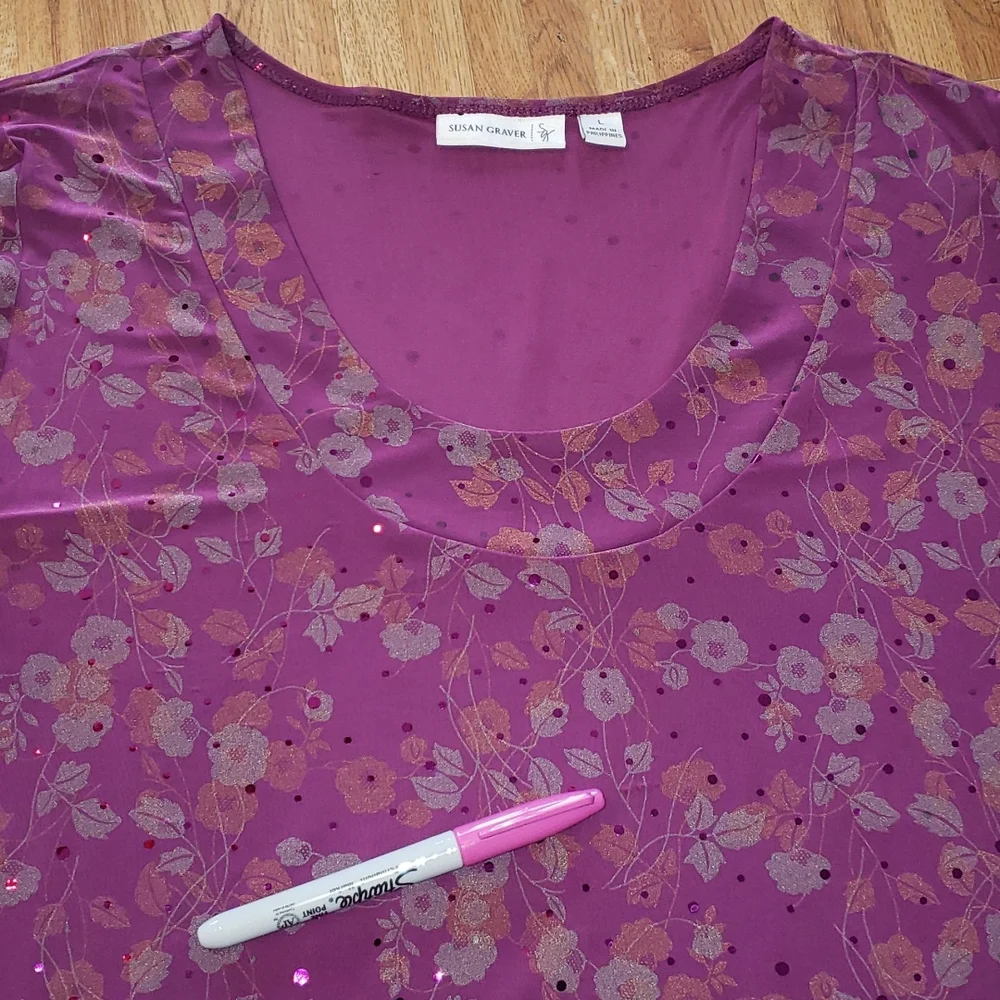 Susan Graver Purple Floral Scoop Neck 3/4 Sleeve Blouse Large - Picture 5 of 9